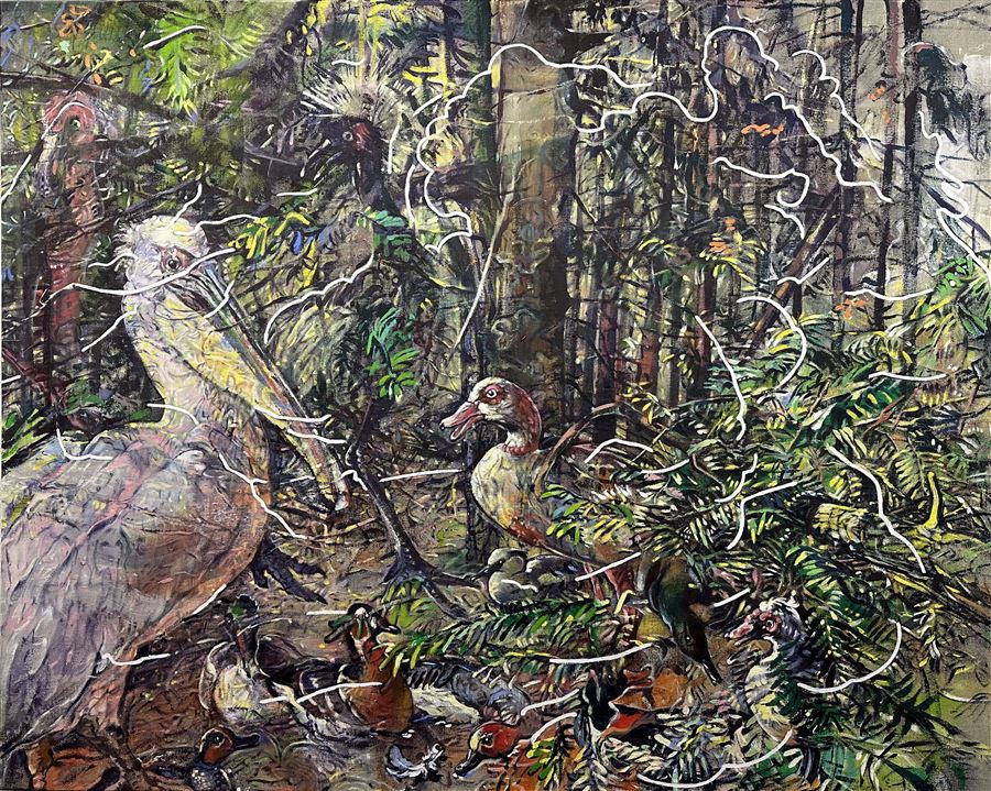 Hondecoeter in het bos I - 120/150cm Acryl/Linnen